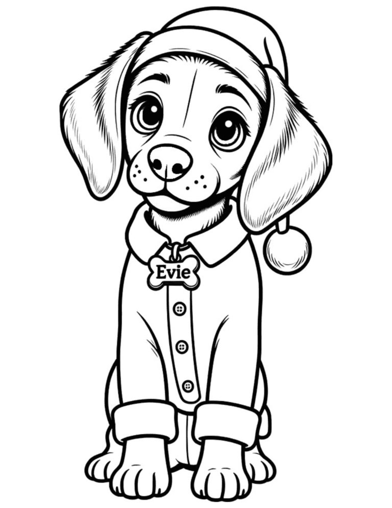 Printable Christmas puppy coloring page for kids ages 3–8