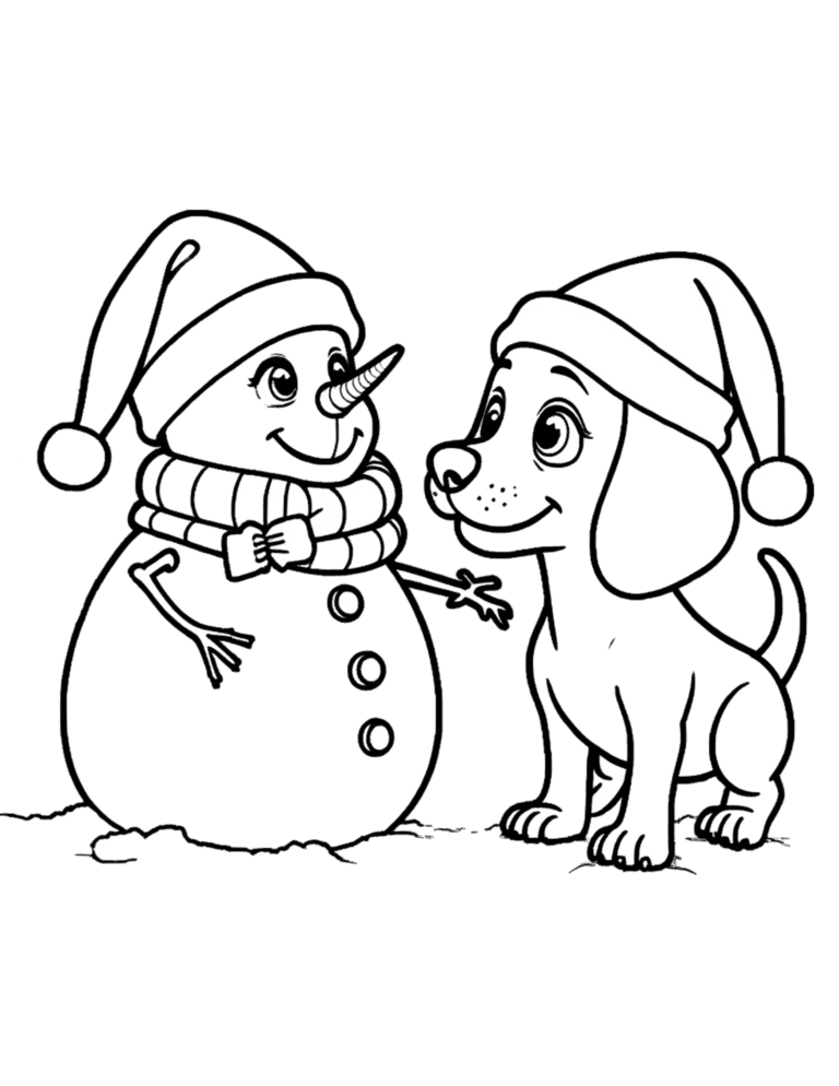 Printable Snowman and puppy coloring page for kids ages 3–8