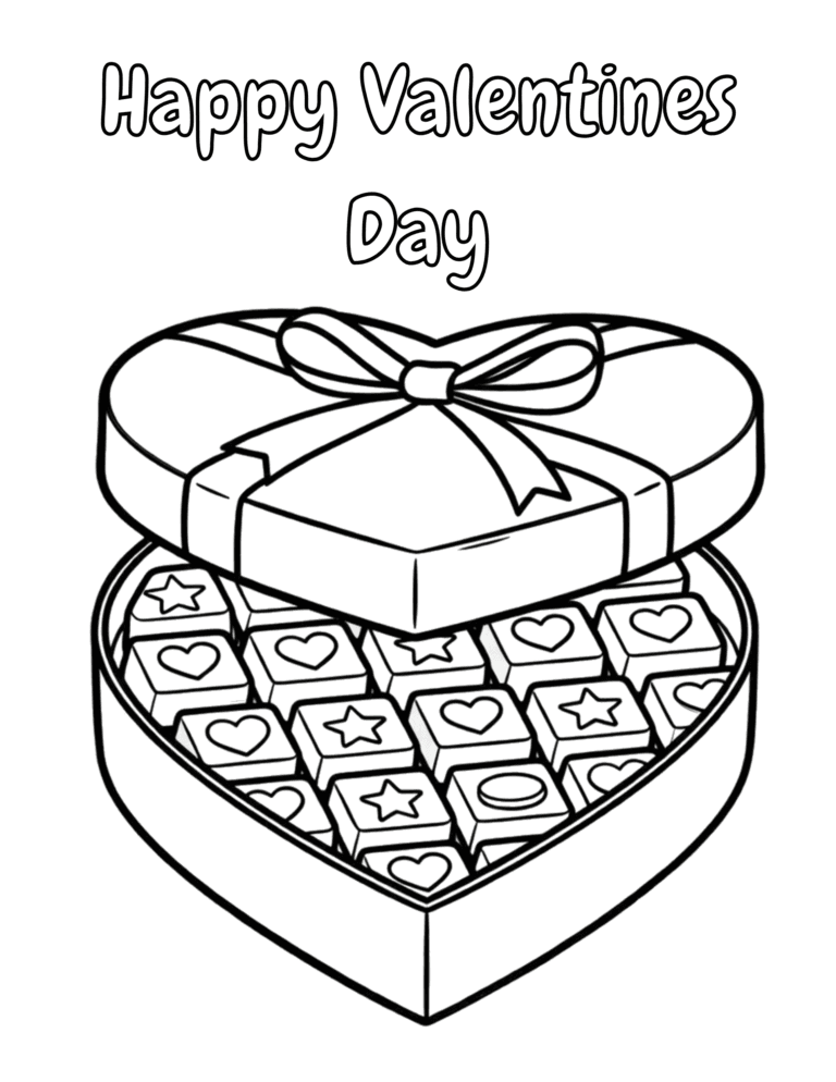 Printable Valentine's Day chocolate box coloring page for kids ages 3–8