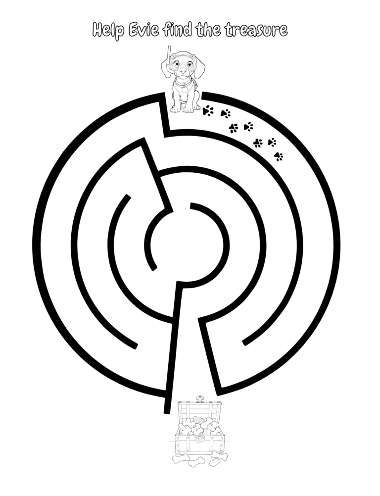 Printable Spiral treasure maze activity for kids ages 3–8
