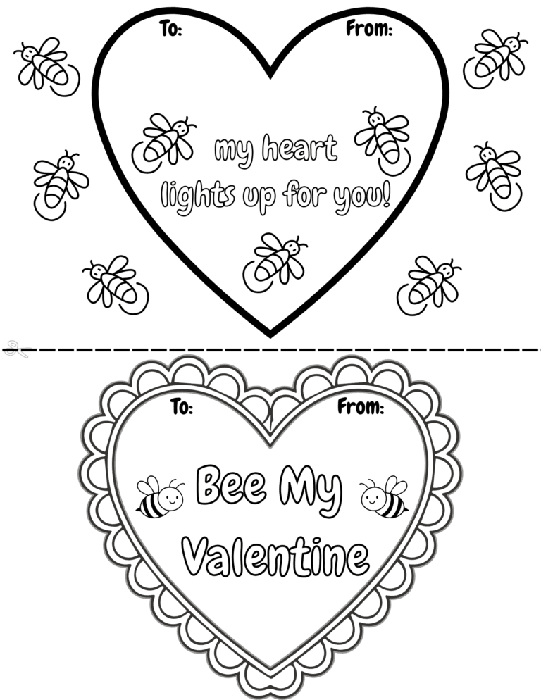 Printable 'Bee My Valentine' coloring page for kids ages 3–8