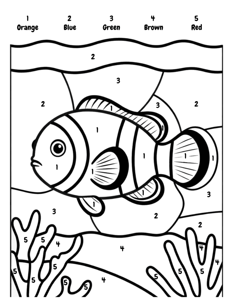 Printable Ocean color by number clownfish for kids ages 3–8
