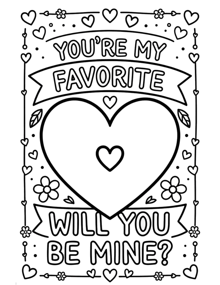 Printable Valentine's Day 'Be Mine' card coloring page for kids ages 3–8