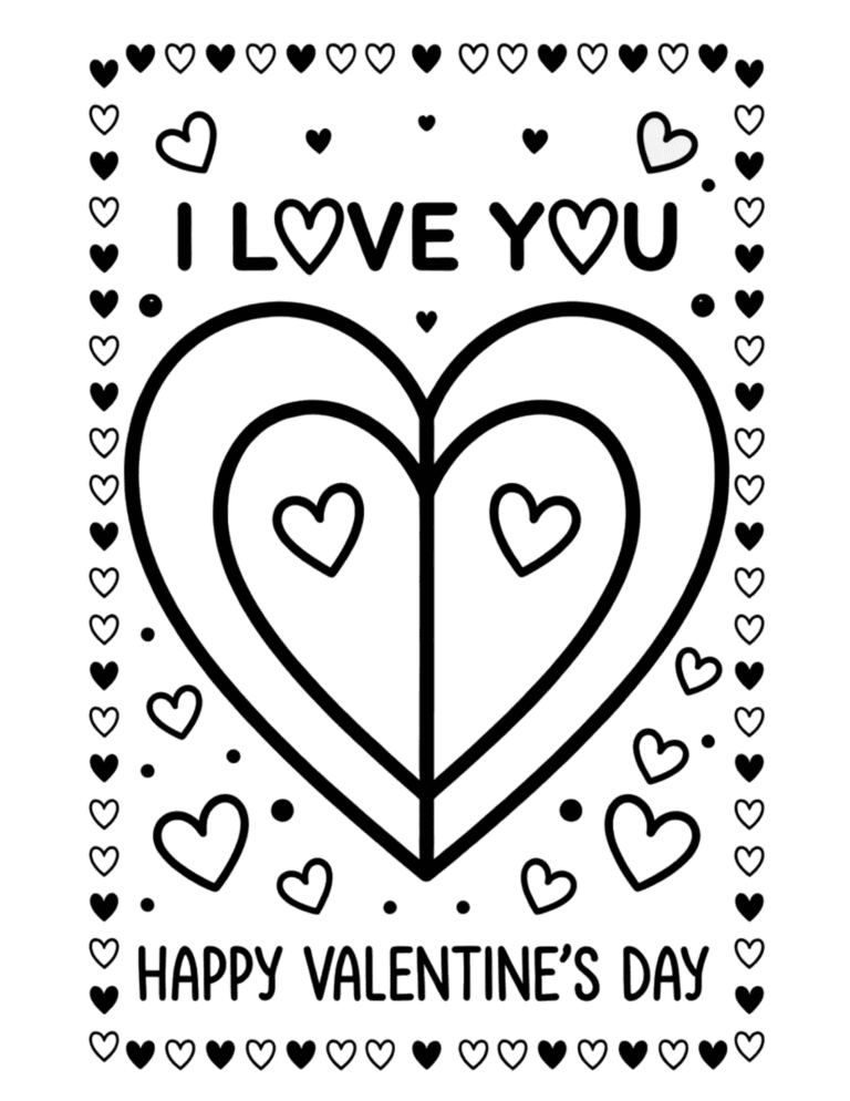 Printable Valentine's Day 'I Love You' coloring page for kids ages 3–8