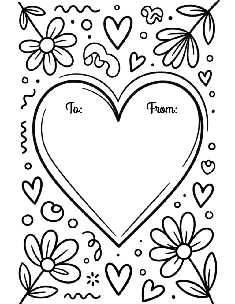 Printable Valentine's Day heart card coloring page for kids ages 3–8