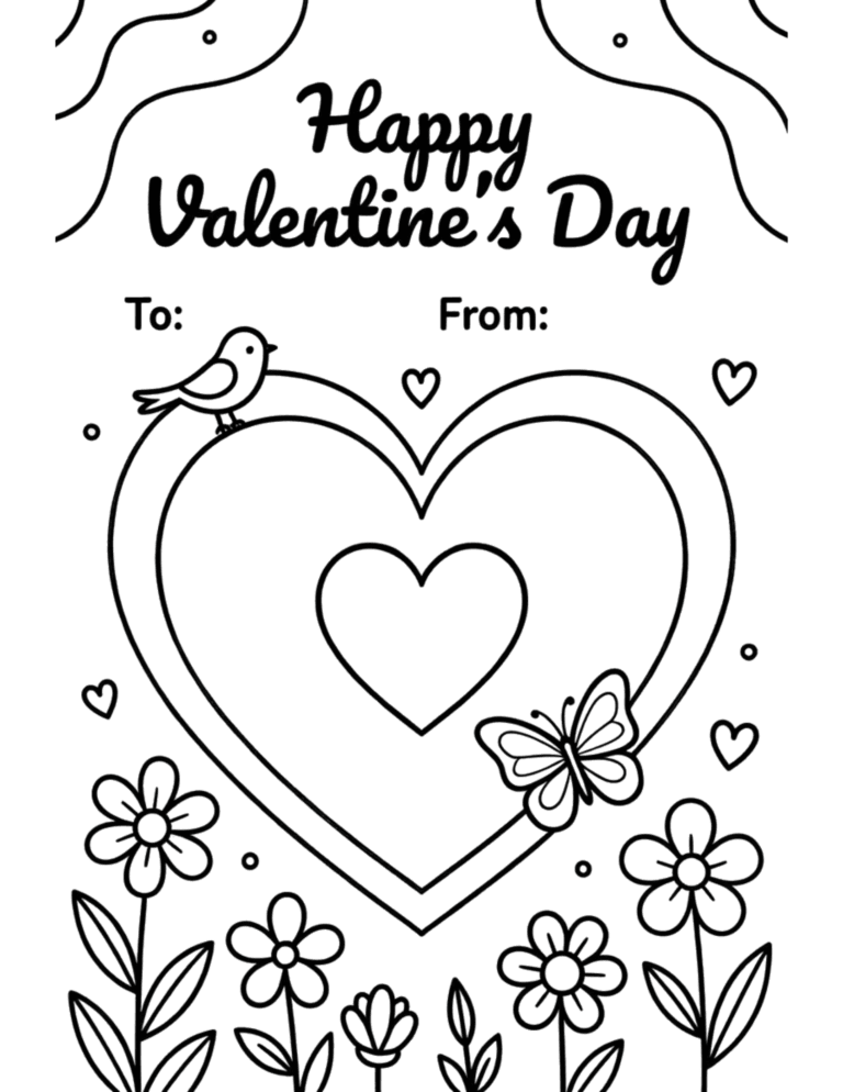 Printable Happy Valentine's Day card coloring page for kids ages 3–8