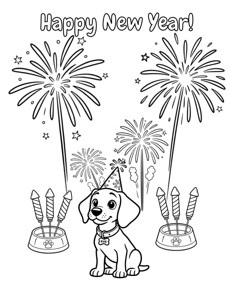Printable Happy New Year fireworks puppy coloring page for kids ages 3–8