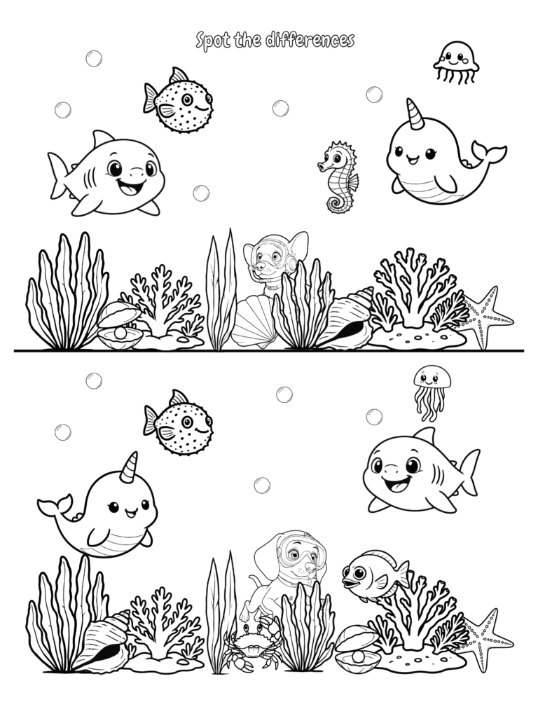 Printable Ocean spot the difference activity for kids ages 3–8