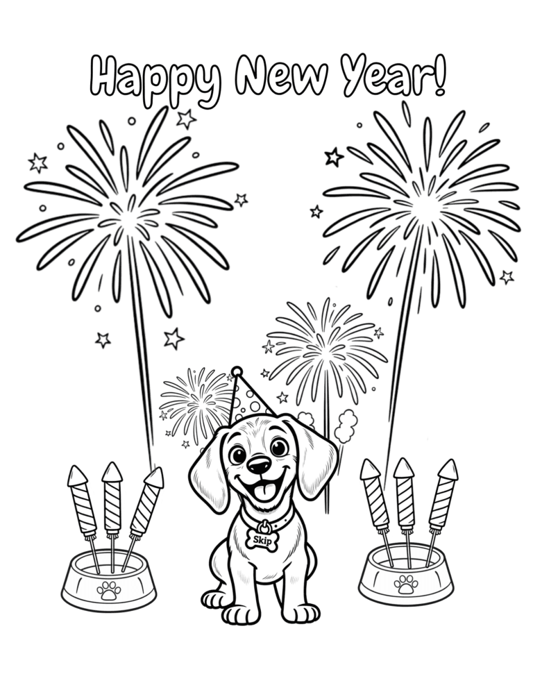 Printable Happy New Year fireworks puppies coloring page for kids ages 3–8