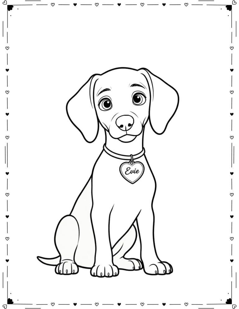 Printable Valentine puppy card to color and cut out for kids ages 3–8