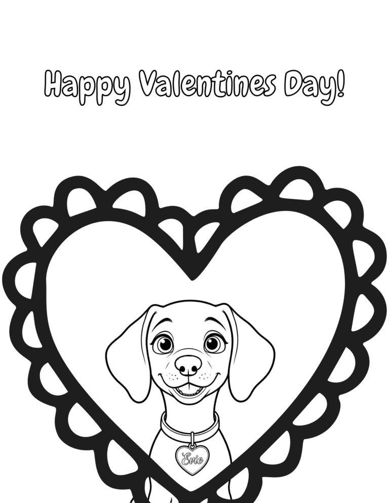 Printable Valentine puppy heart coloring page for kids ages 3–8