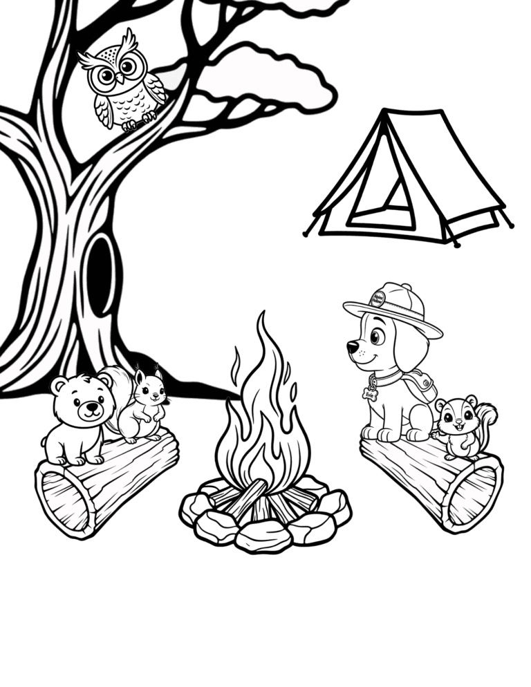 Printable Campsite with tent coloring page for kids ages 3–8
