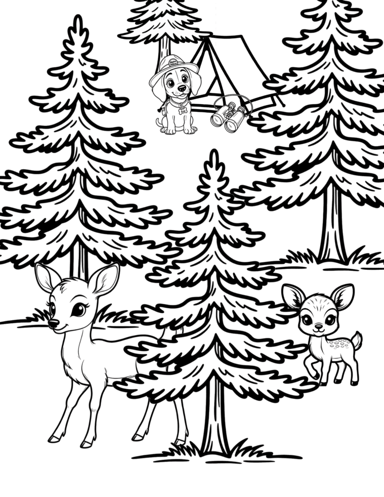 Printable Forest campsite coloring page for kids ages 3–8