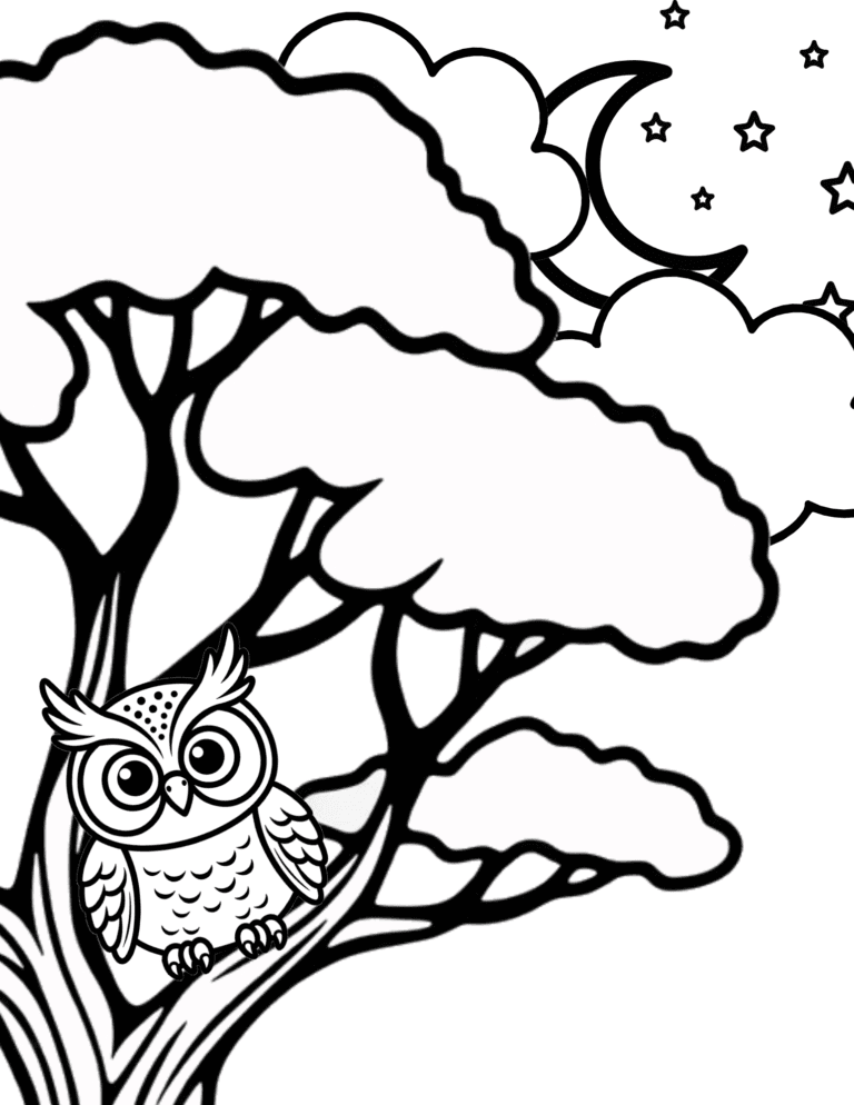 Printable Owl in a tree at night coloring page for kids ages 3–8