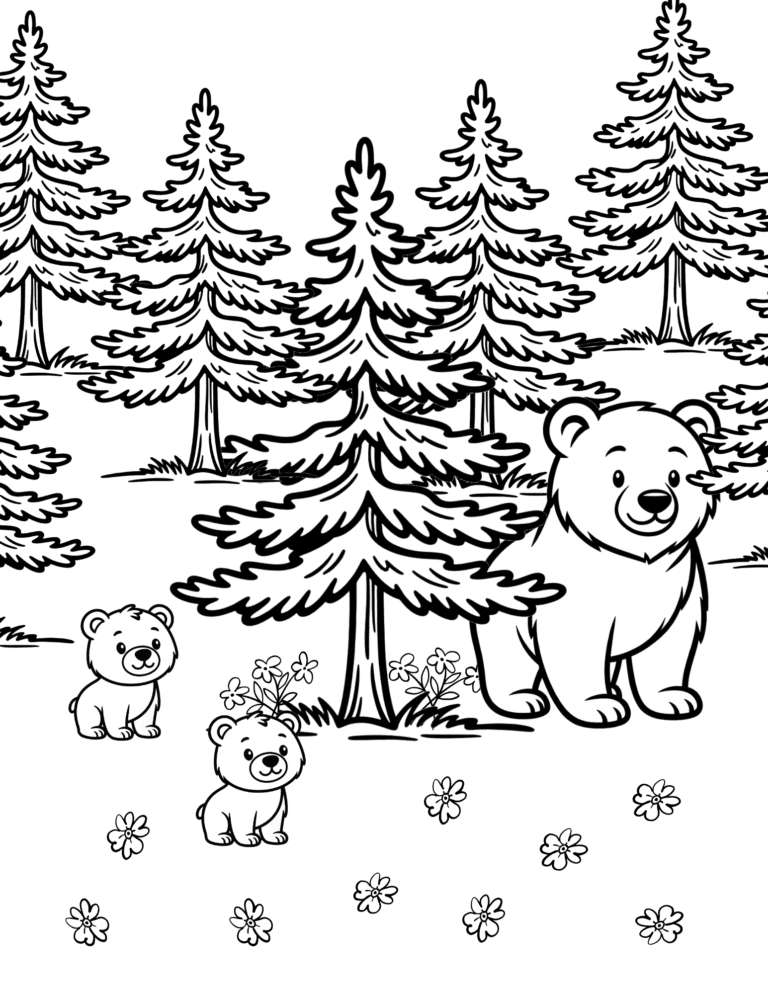 Printable Bears in the forest coloring page for kids ages 3–8