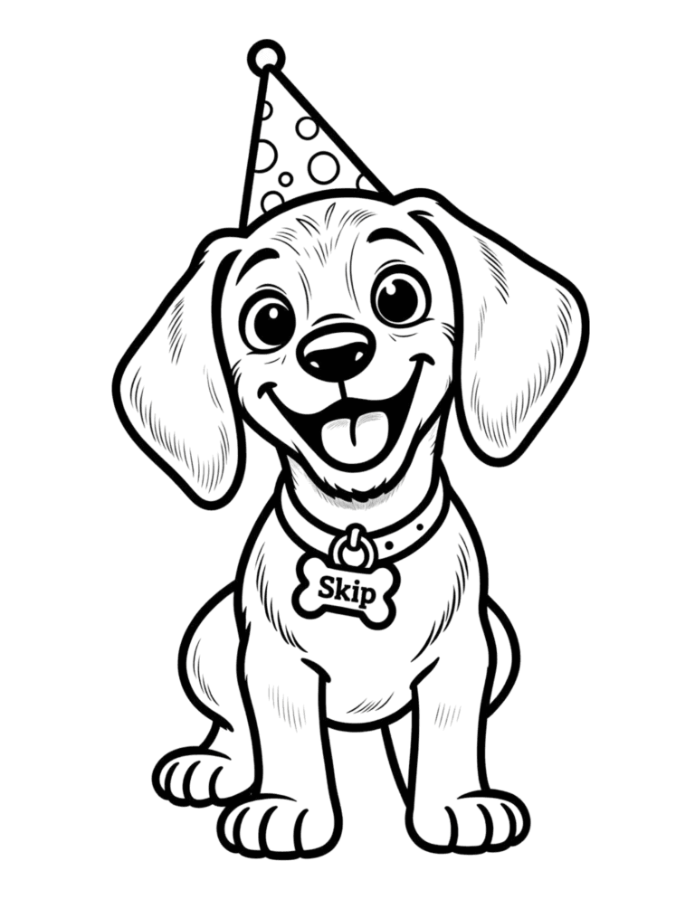 Printable Birthday party puppy coloring page for kids ages 3–8