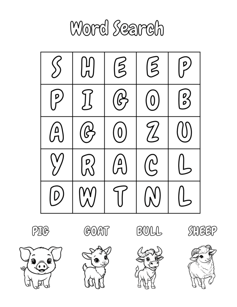 Printable Farm animals word search activity for kids ages 3–8