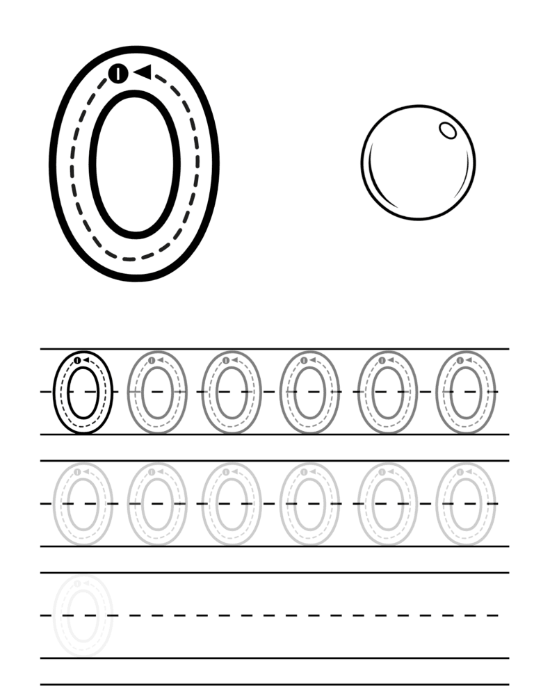Printable Number 0 tracing and counting activity for kids ages 3–8