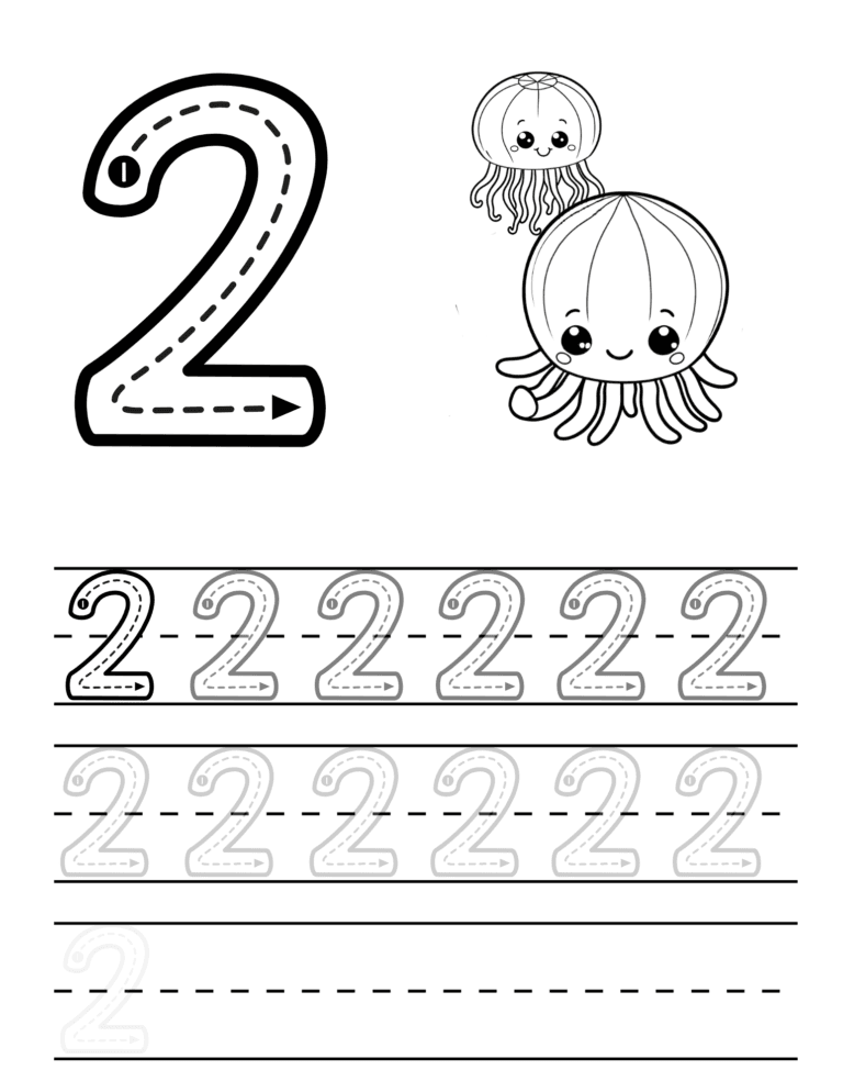 Printable Number 2 tracing and counting activity for kids ages 3–8