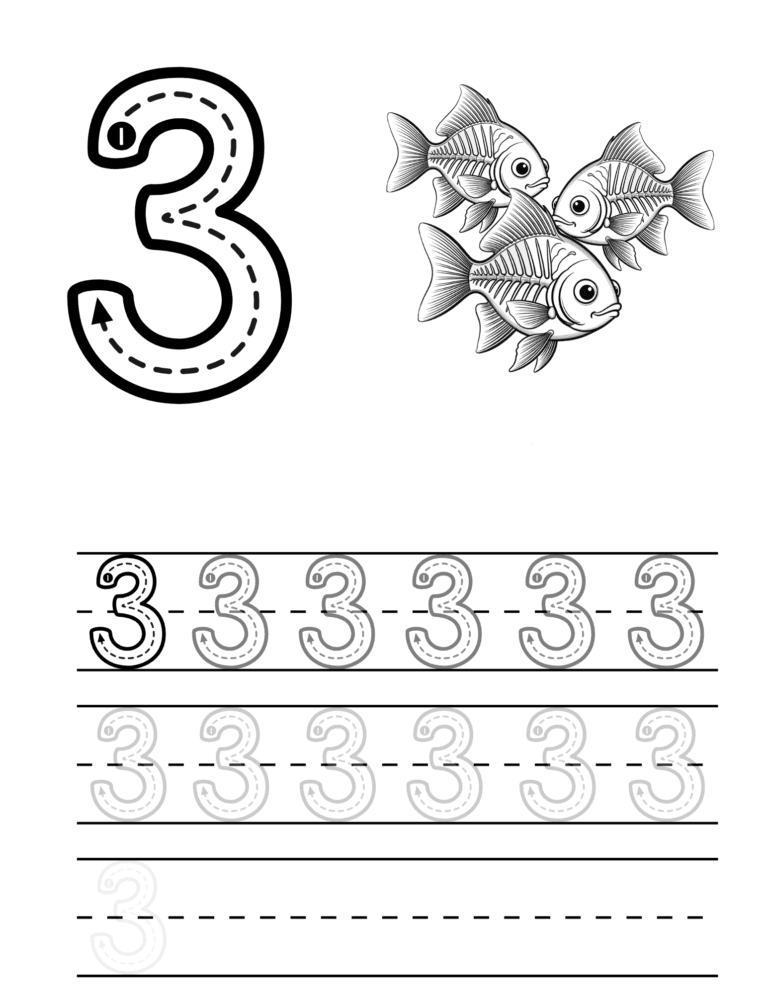 Printable Number 3 tracing and counting activity for kids ages 3–8