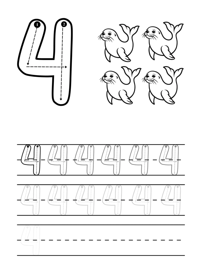 Printable Number 4 tracing and counting activity for kids ages 3–8