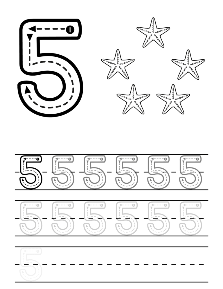 Printable Number 5 tracing and counting activity for kids ages 3–8
