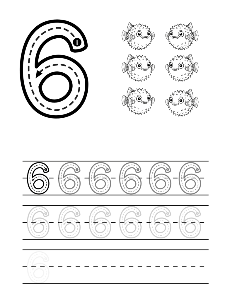 Printable Number 6 tracing and counting activity for kids ages 3–8
