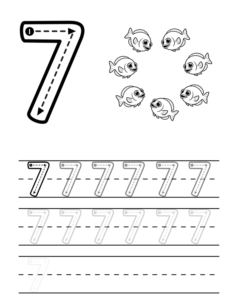 Printable Number 7 tracing and counting activity for kids ages 3–8