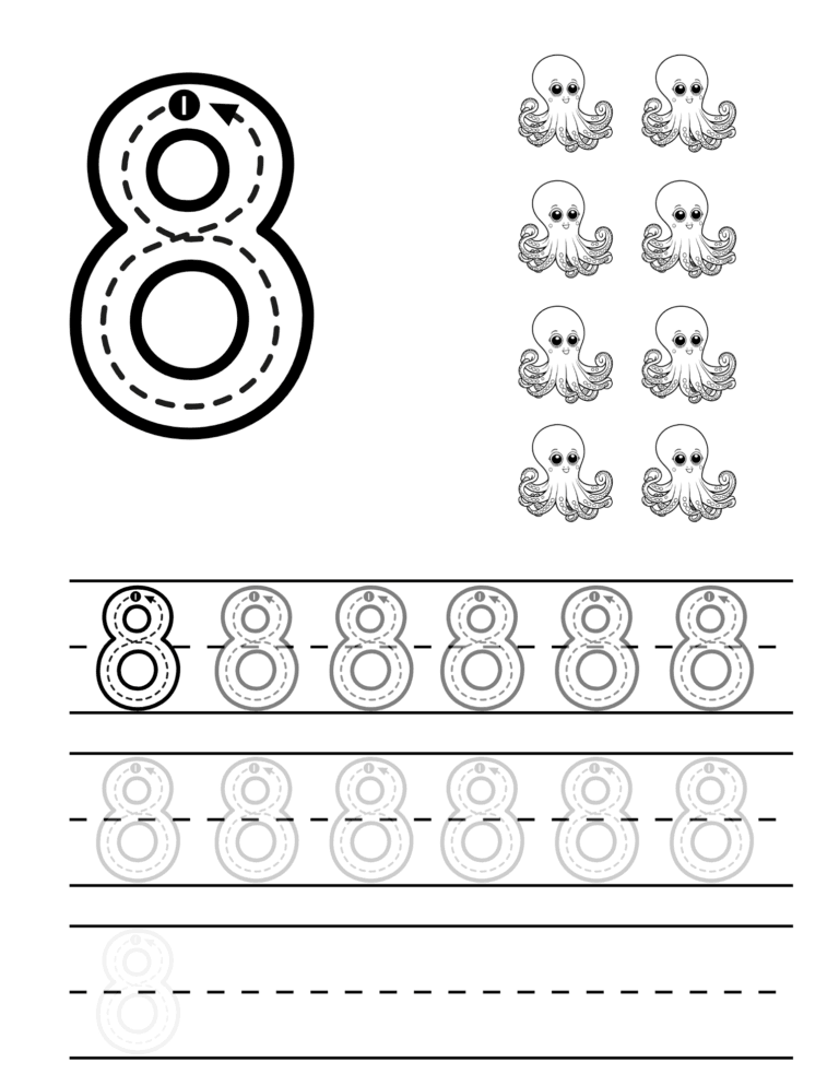 Printable Number 8 tracing and counting activity for kids ages 3–8