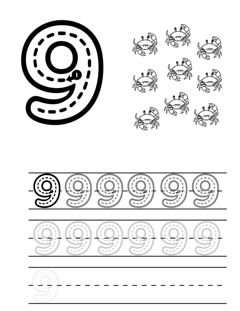 Printable Number 9 tracing and counting activity for kids ages 3–8