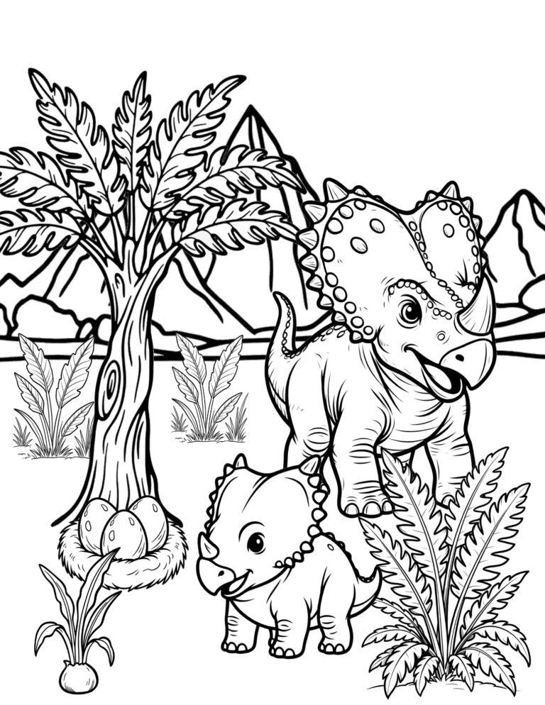 Printable triceratops and baby dinosaur coloring page for kids ages 3–8