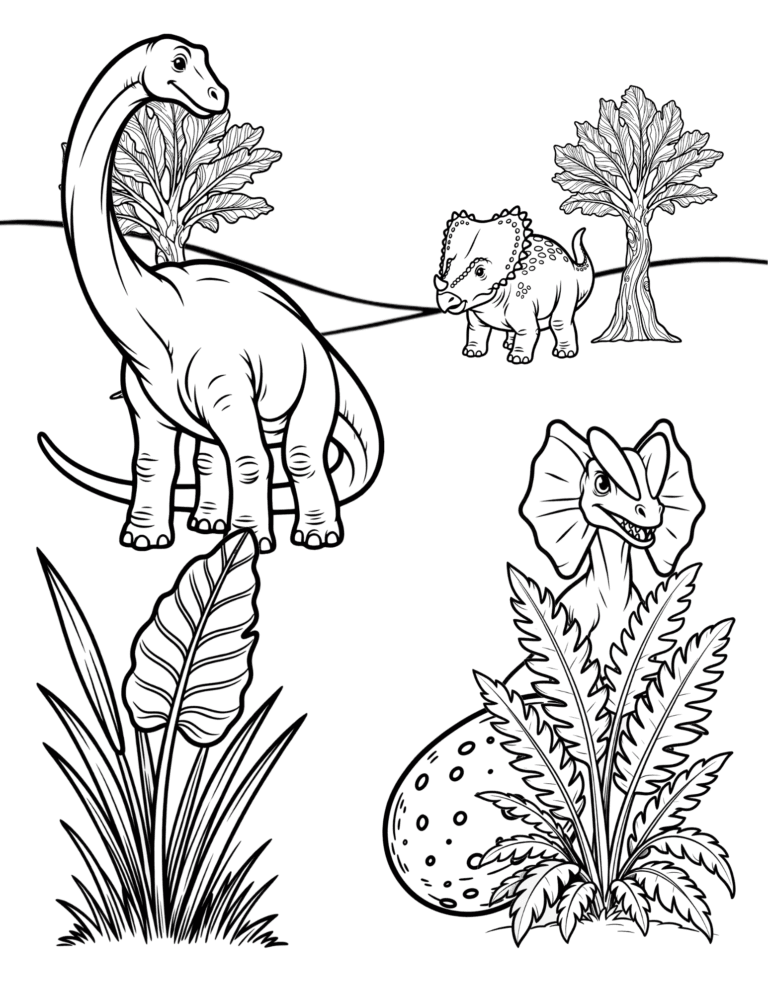 Printable brachiosaurus and baby dinosaur coloring page for kids ages 3–8