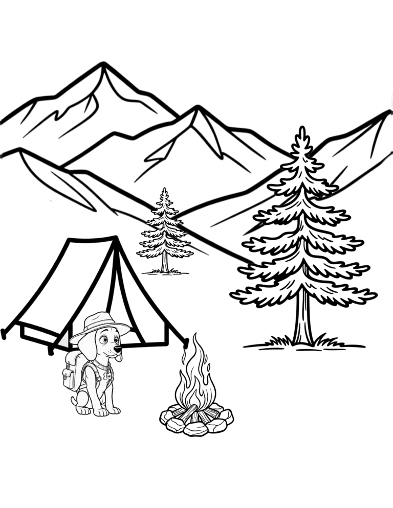 Printable Mountain campsite coloring page for kids ages 3–8