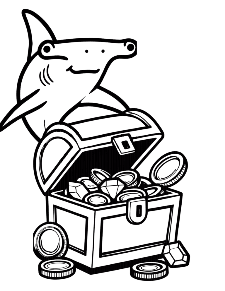 Printable Shark and treasure chest coloring page for kids ages 3–8