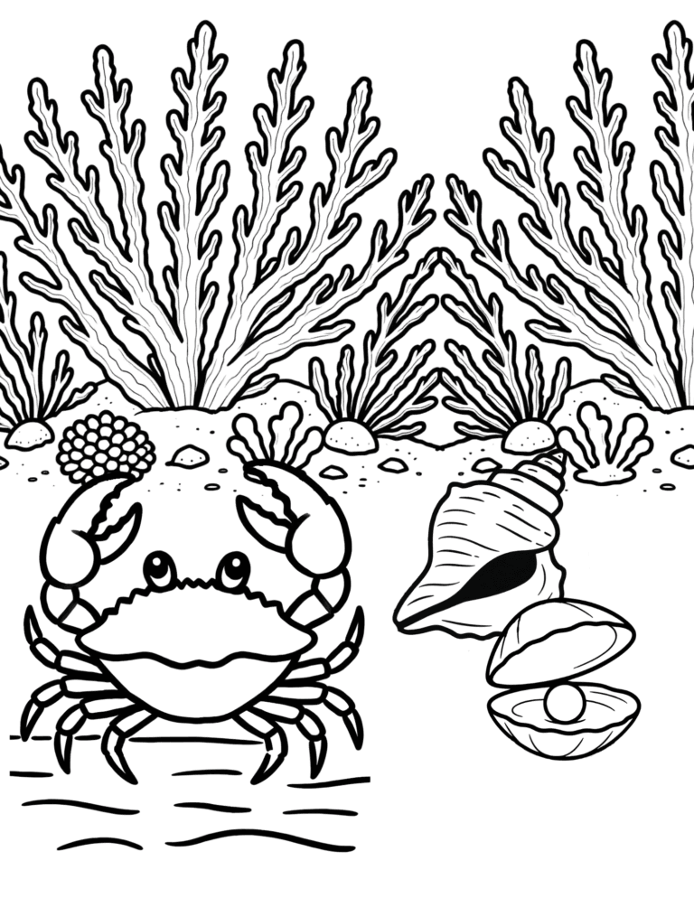 Printable Crab at the beach coloring page for kids ages 3–8
