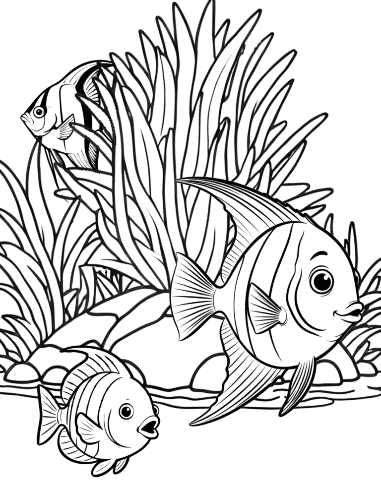 Printable Angelfish reef coloring page for kids ages 3–8