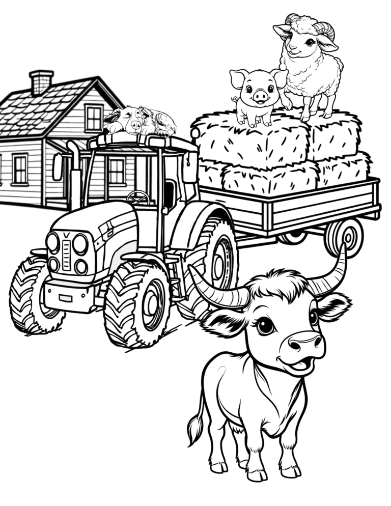 Printable Tractor farm animal coloring page for kids ages 3–8