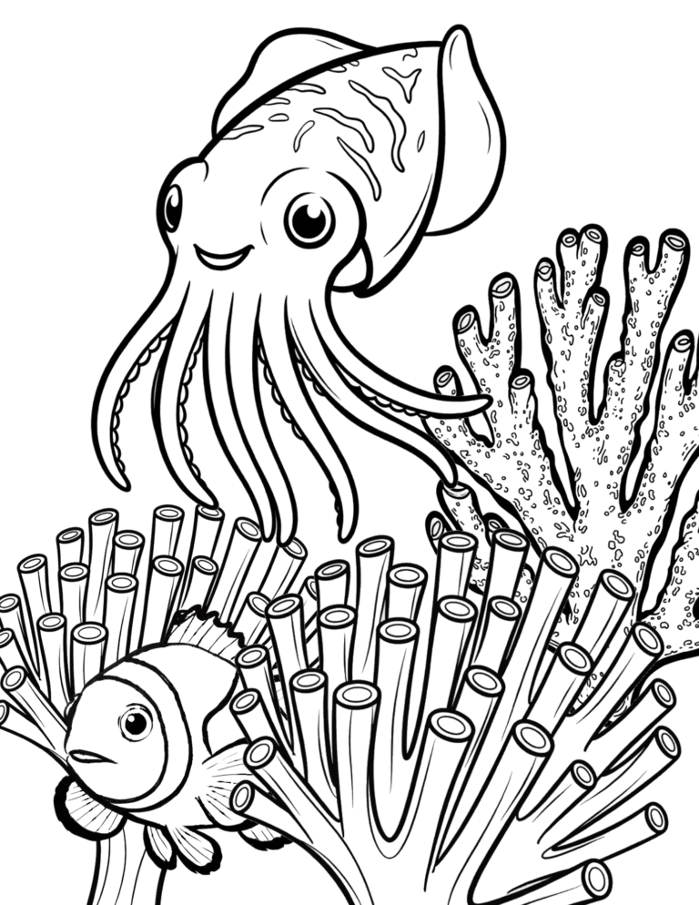 Printable Squid and fish coloring page for kids ages 3–8