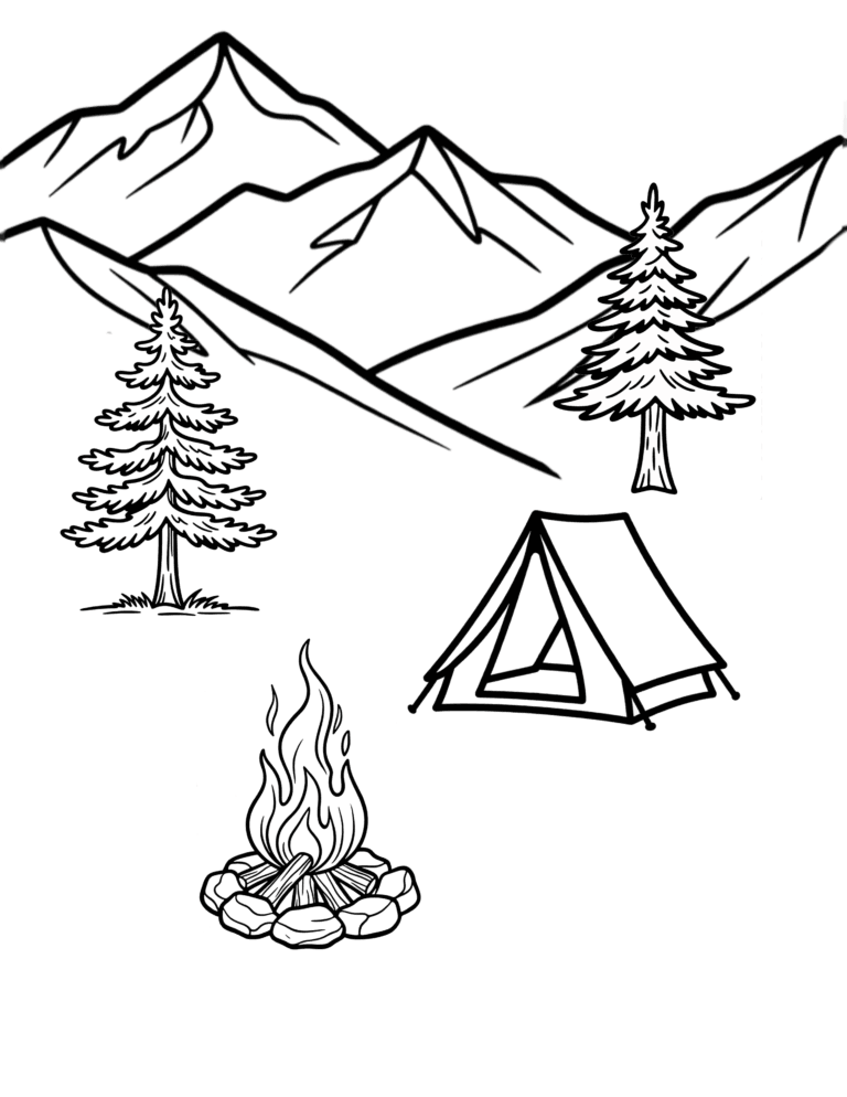 Printable Camping tent and mountains coloring page for kids ages 3–8