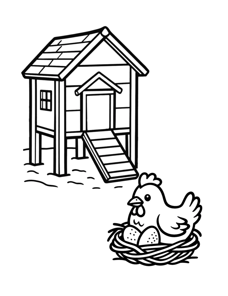 Printable Chicken coop coloring page for kids ages 3–8