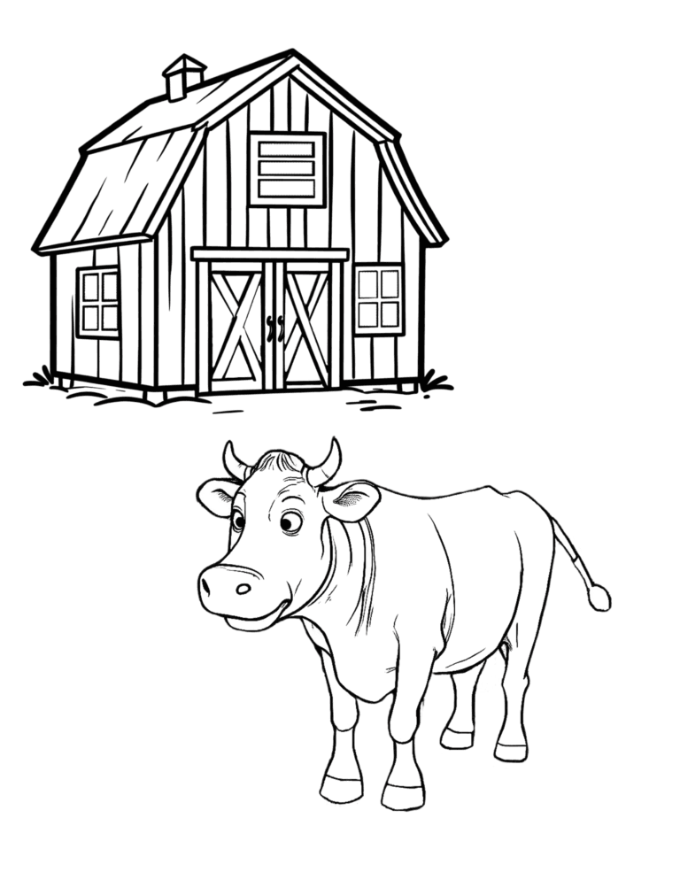 Printable Barn and cow coloring page for kids ages 3–8