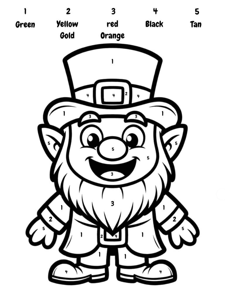 Printable Leprechaun color by number activity for kids ages 3–8