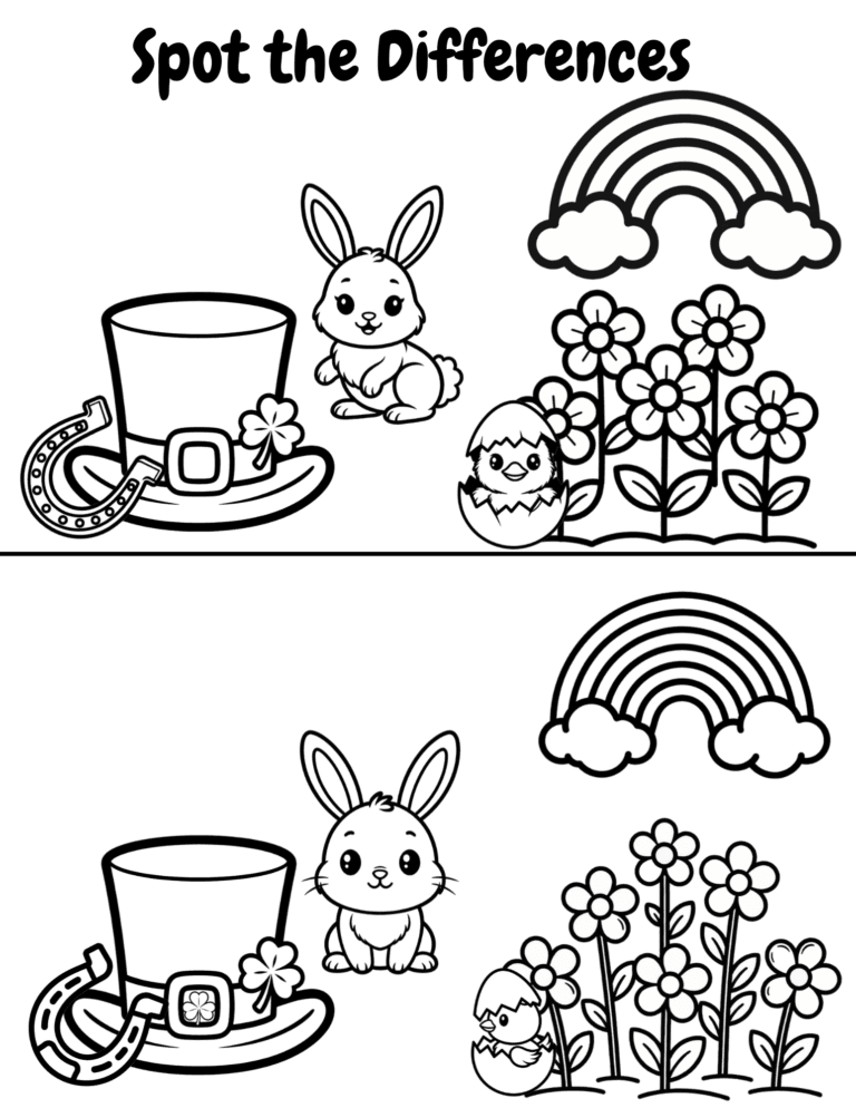 Printable Spring spot the differences activity for kids ages 3–8