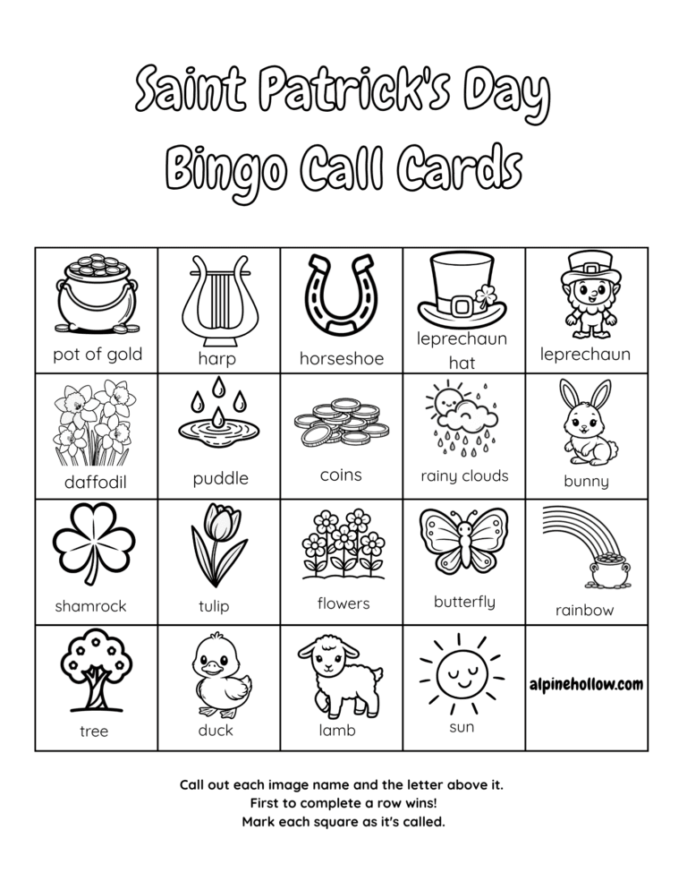 Printable St Patrick's Day bingo call cards activity for kids ages 3–8