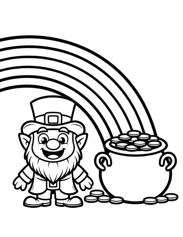 Printable Leprechaun and rainbow coloring page for kids ages 3–8