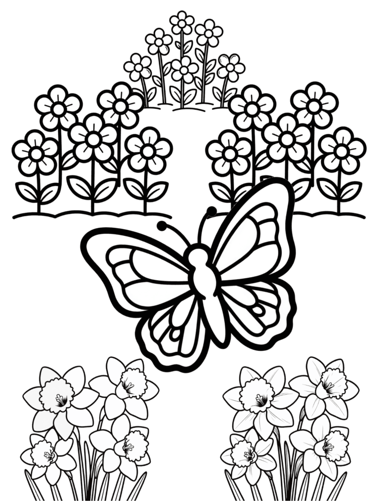 Printable Butterflies and flowers coloring page for kids ages 3–8