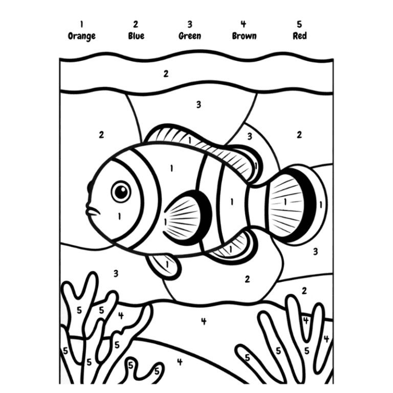 Printable Clownfish color by number activity for kids ages 3–8