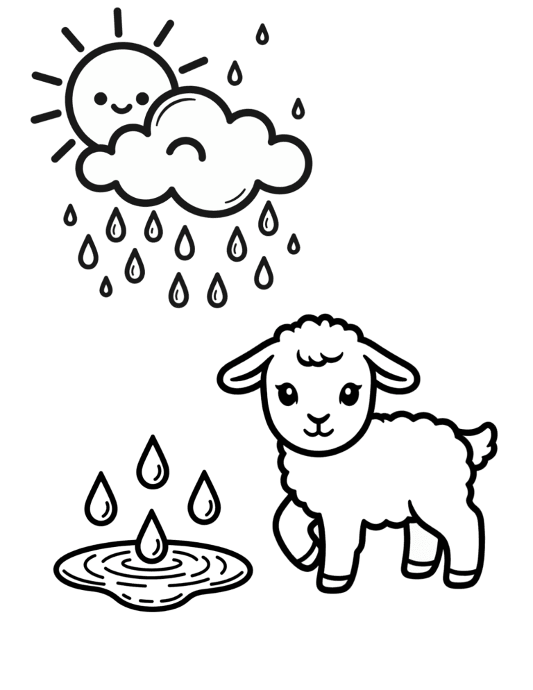 Printable Spring rain and lamb coloring page for kids ages 3–8