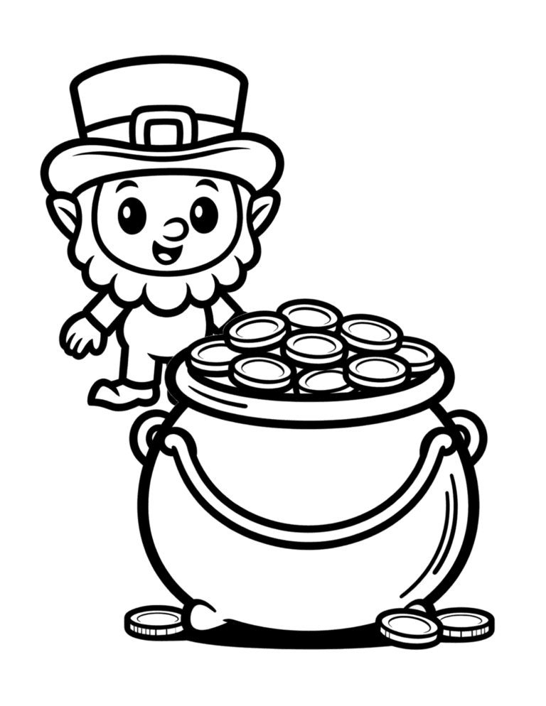 Printable Leprechaun and pot of gold coloring page for kids ages 3–8