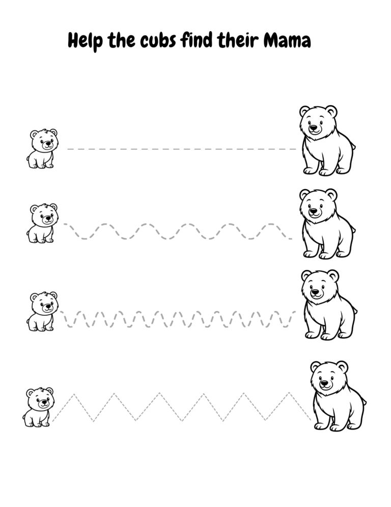 Printable Help the cubs find their mama activity for kids ages 3–8